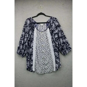 Siren Lily Blue Paisley Semi-Sheer Tunic-Size 2X-3/4 Puff Sleeve-Lace
